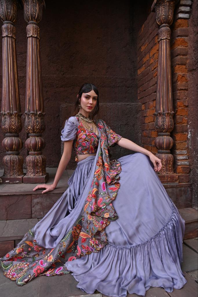 Gray Drape Lehenga Set image 5