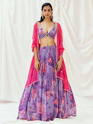 Violet Printed Embroidered Lehenga Set with Dupatta - L image