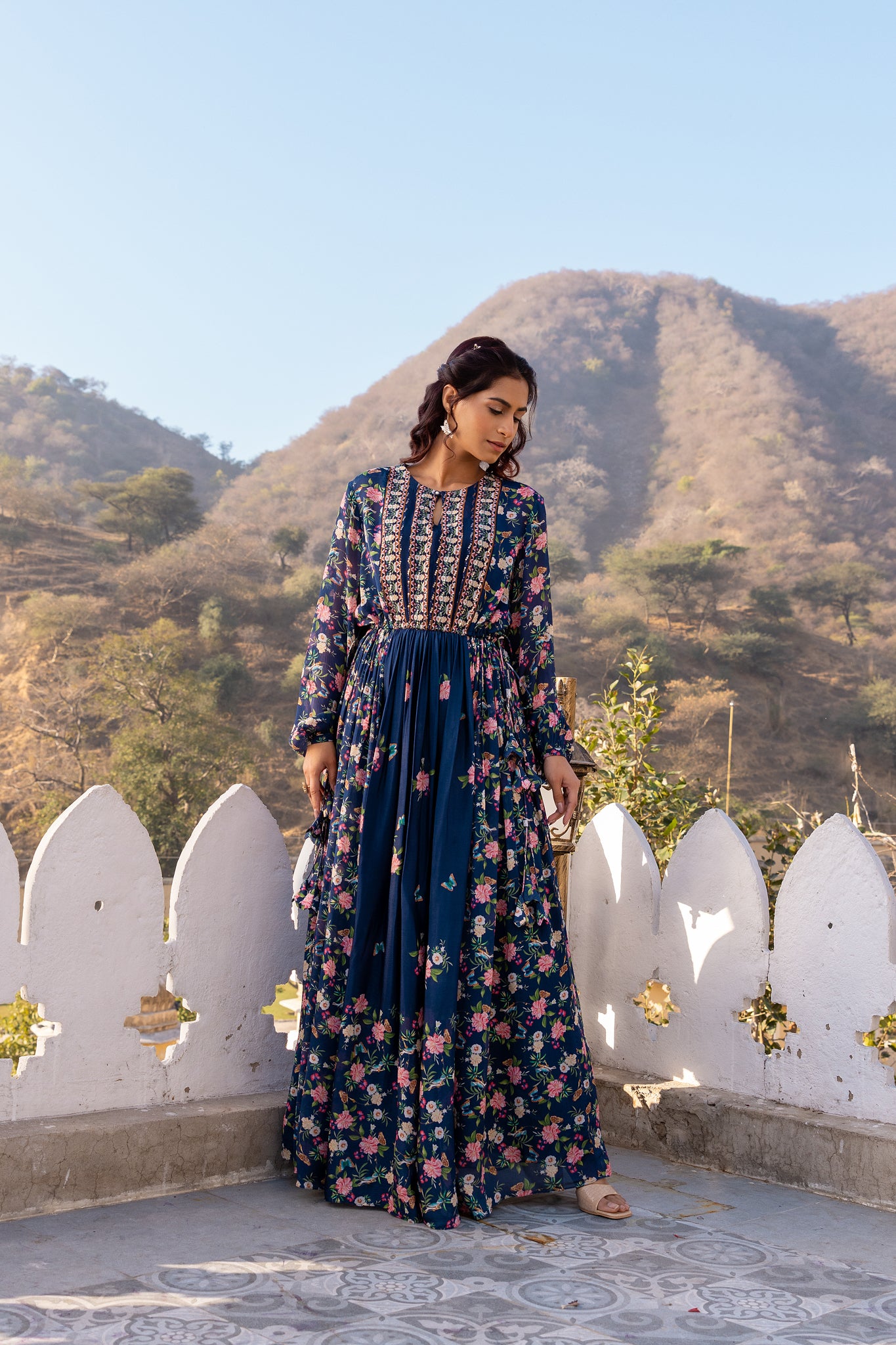 Navy Blue Floral Crepe Georgette Dress - L image