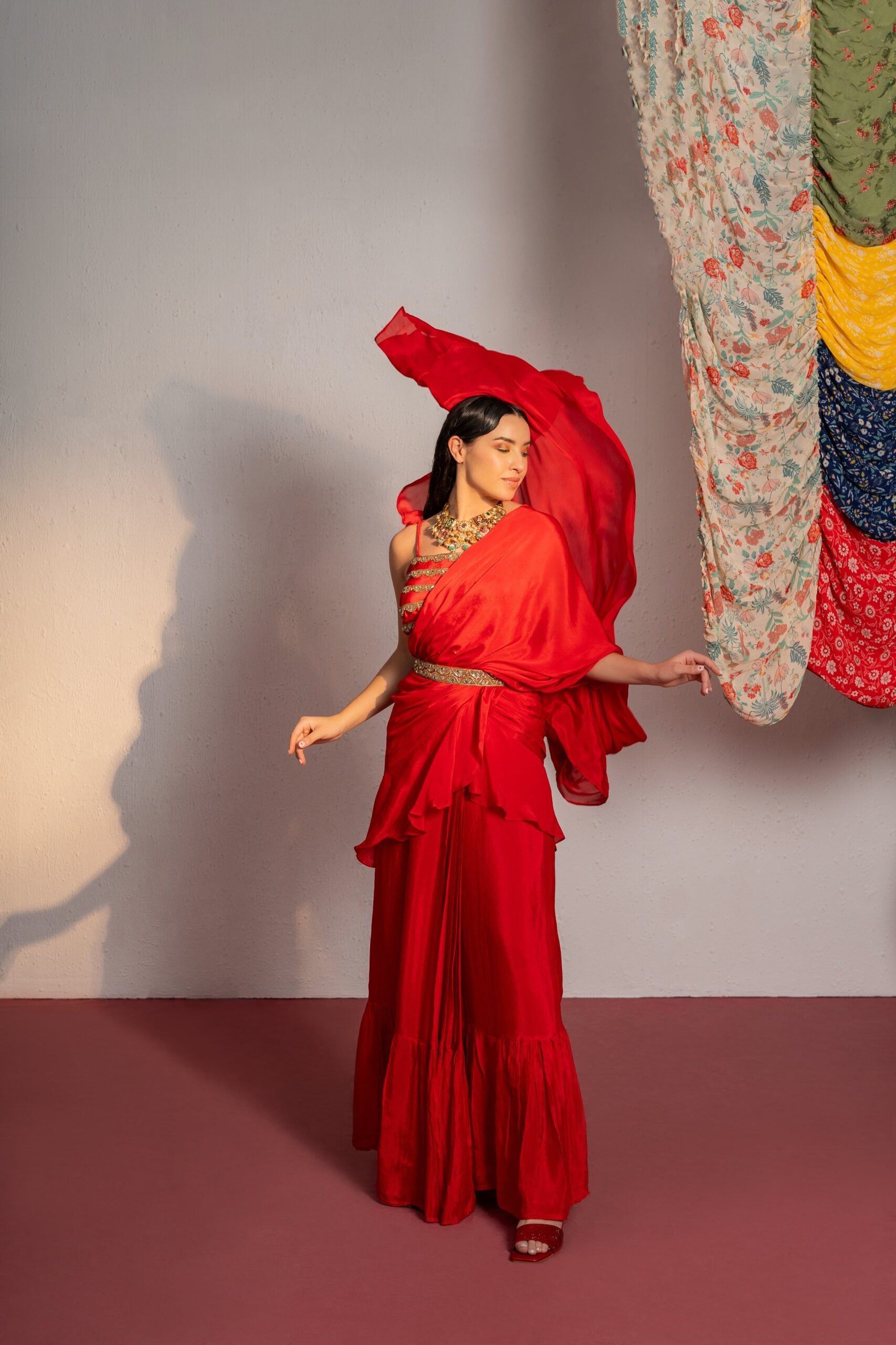 Red Embroidered Drape Saree Set image 1