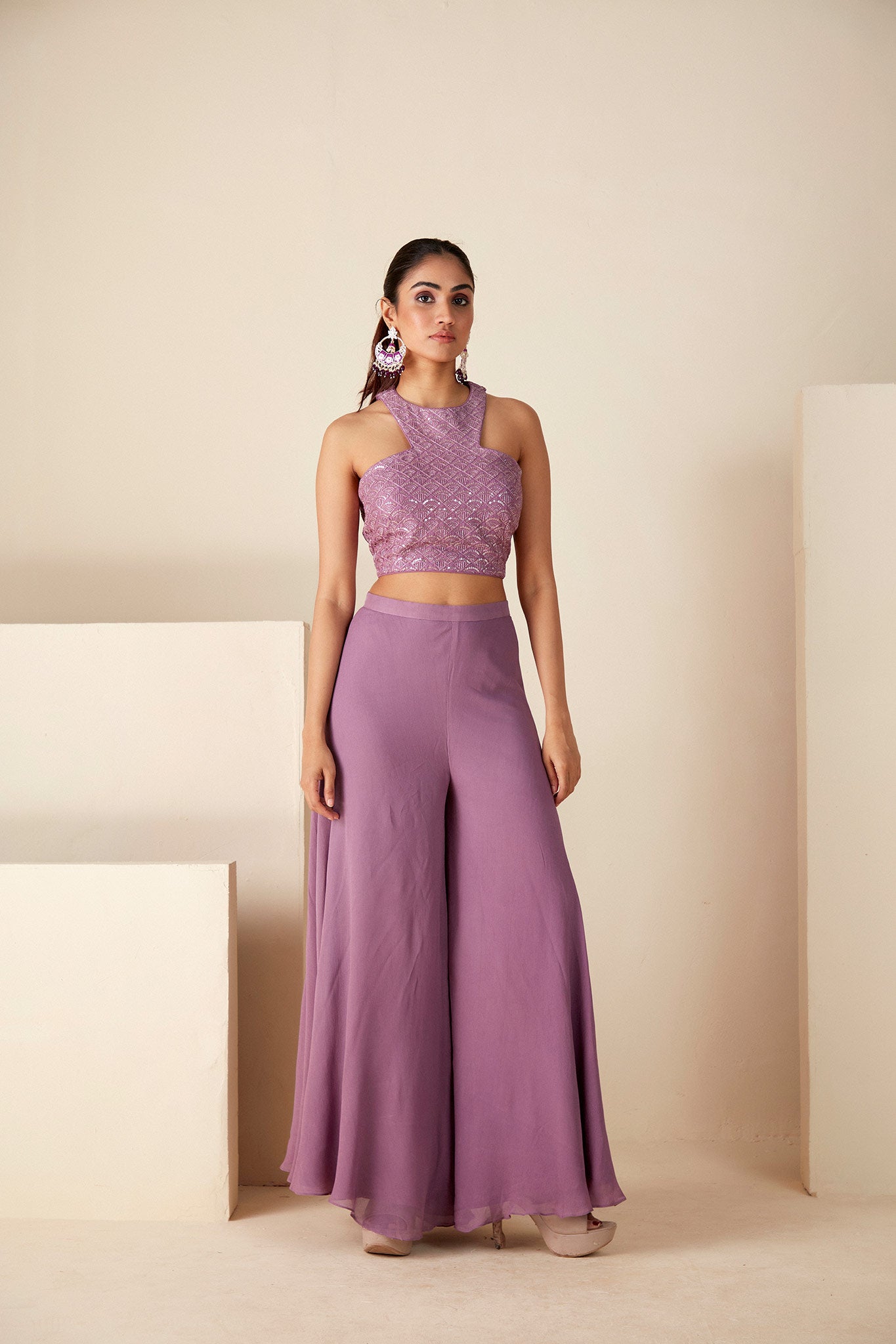 Embroidered Mauve Crop Top and Flared Pants Set - XL image