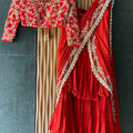 Red Ruffled Embroidered Pre-stitched Saree Set image 0
