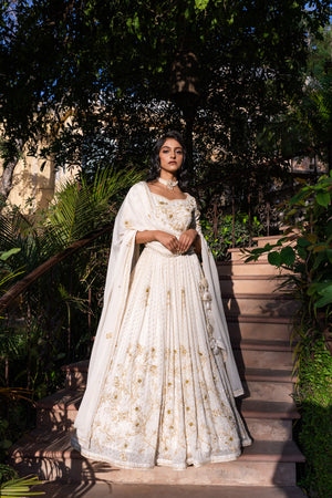 Off-White Georgette Crepe Pearl Embroidered Lehenga Set image 0