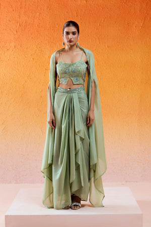 Pista Green Embroidered Drape Skirt Set with Cape - S image