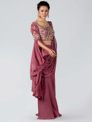 Pre-Drape Mauve Fish Cut Saree Set image 4