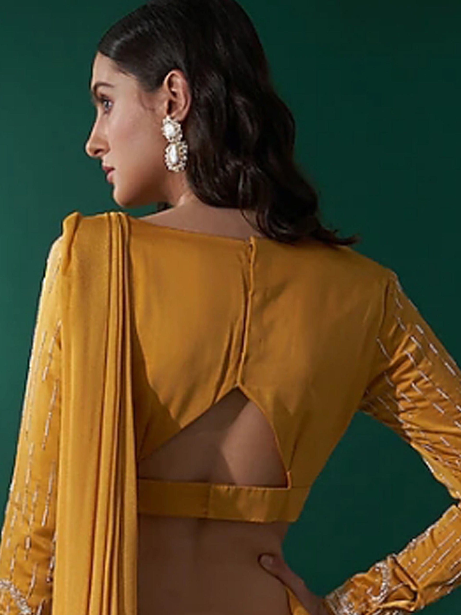 Mustard Yellow Pre Draped Saree Set image 3