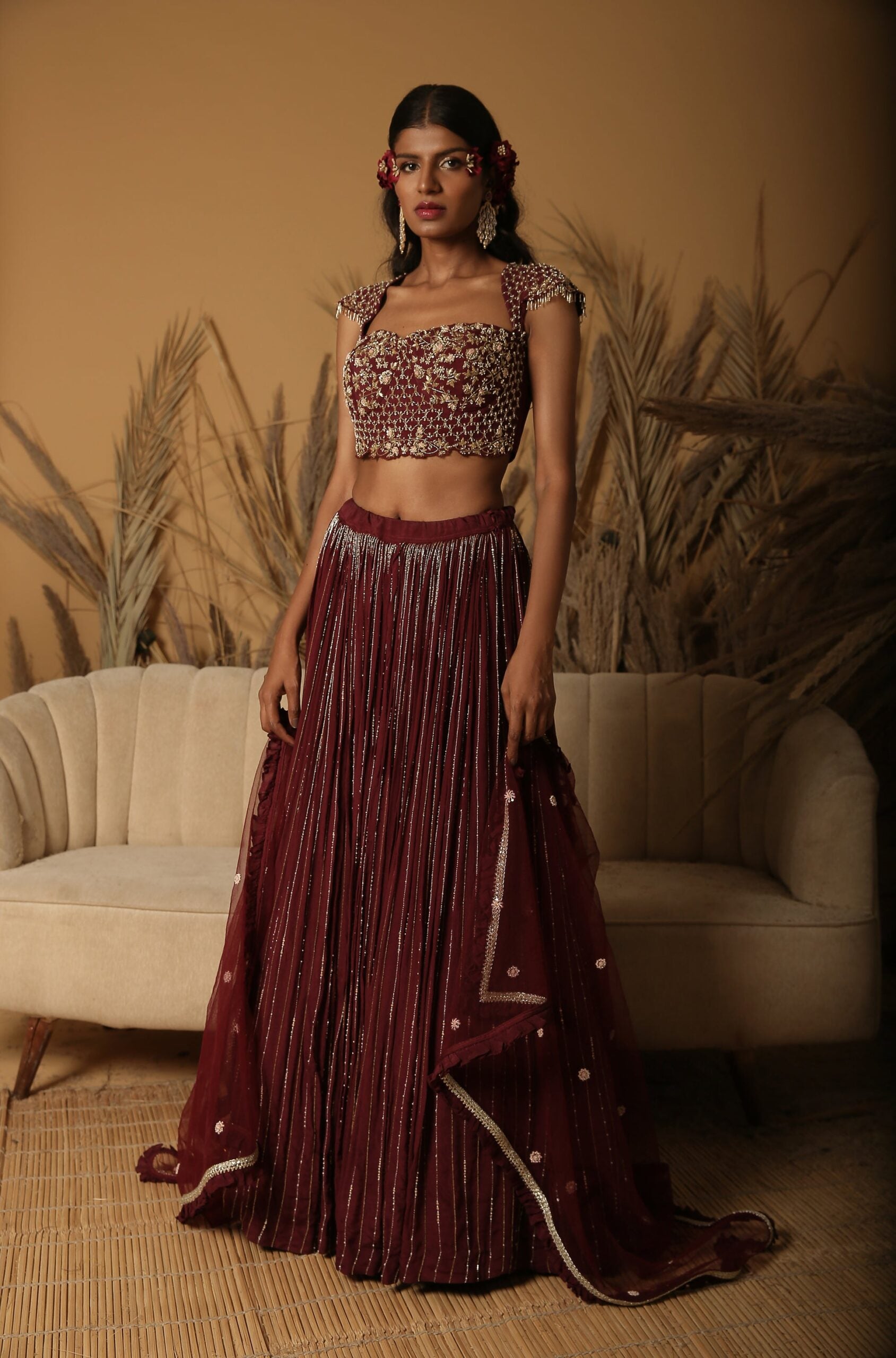 Burgundy Hand Embroidered Lehenga Set image 1