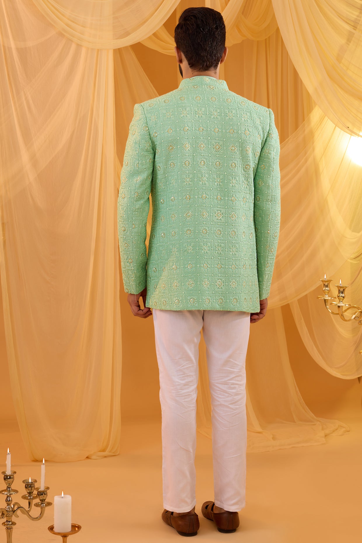 Mint Green Embroidered Open Jacket Kurta Set image 4