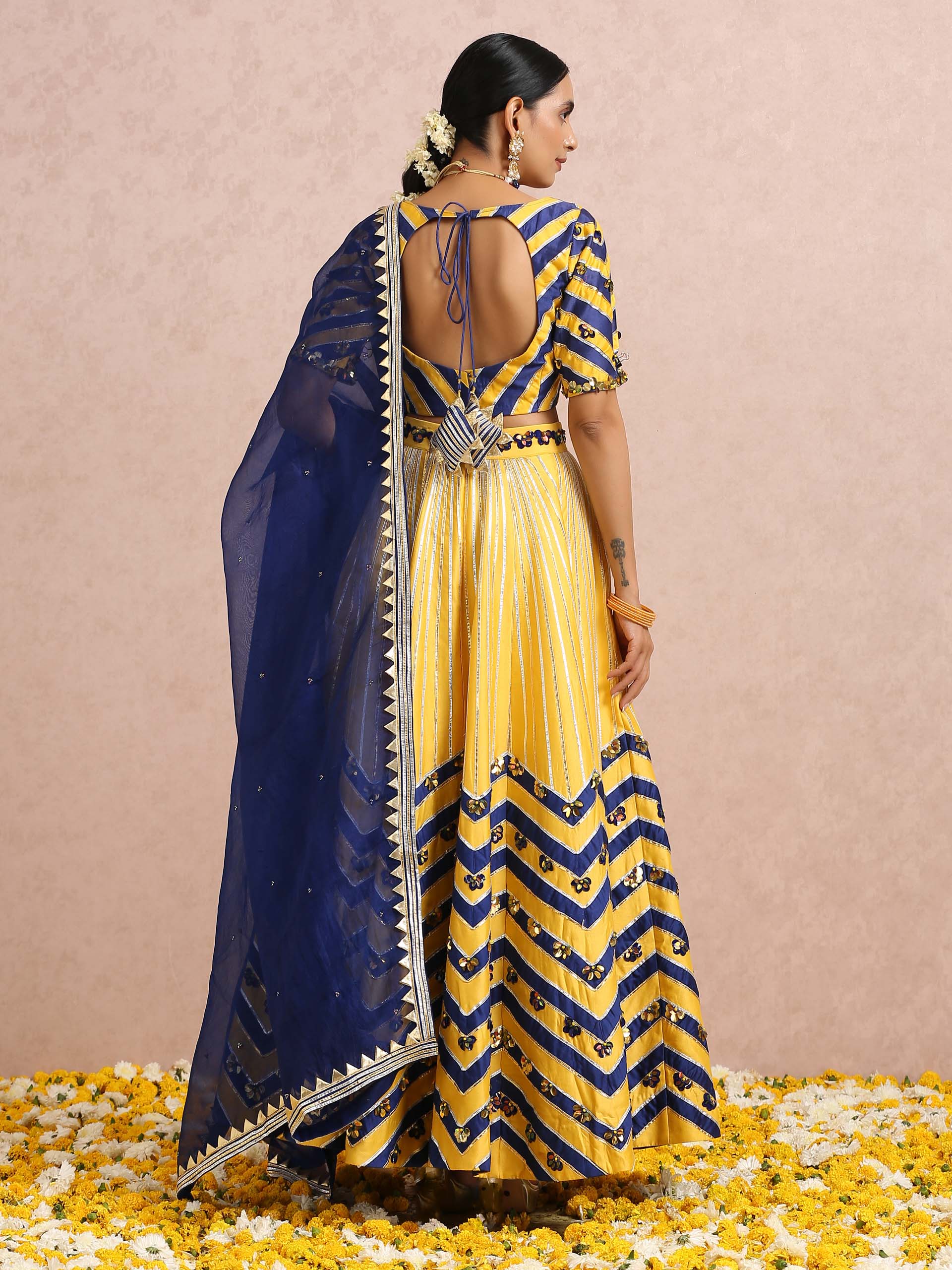 Yellow and Ink Blue Color Block Lehenga Set image 8