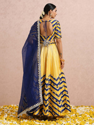 Yellow and Ink Blue Color Block Lehenga Set image 8