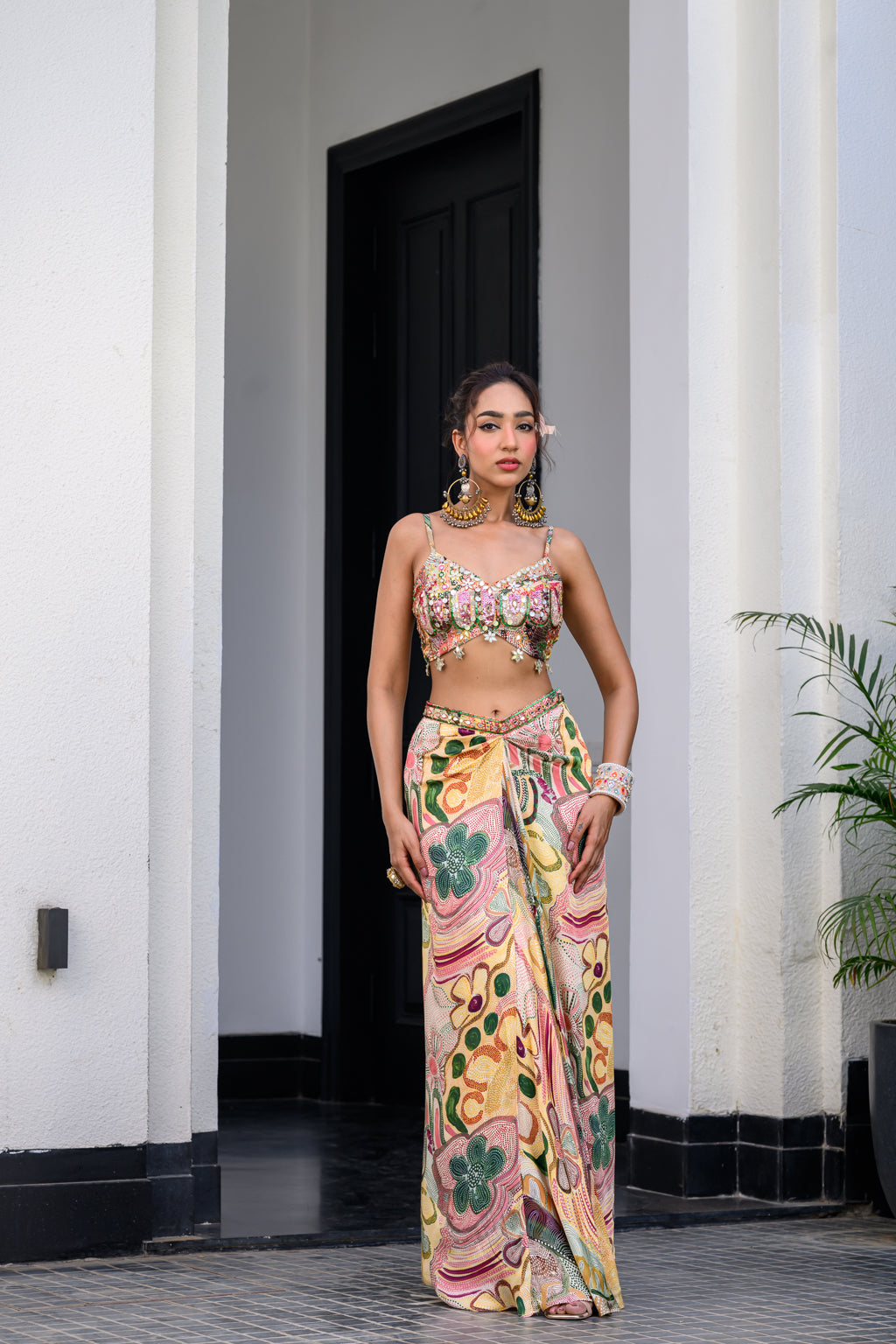 Flora Highlight Bralette Paidawn With Dhoti Skirt And Applique Cape Set image 3