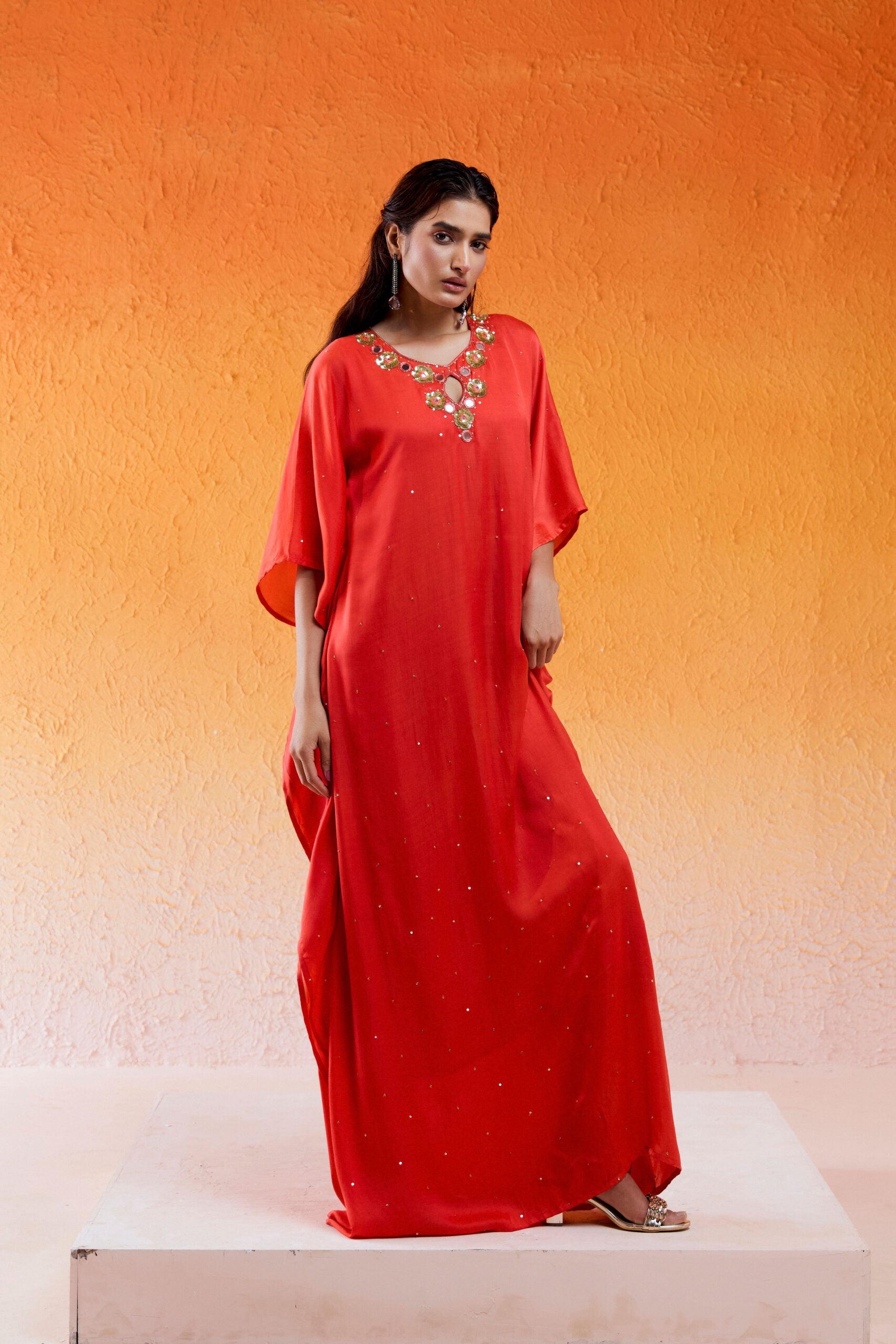 Scarlet Red Embroidered Kaftan - M image