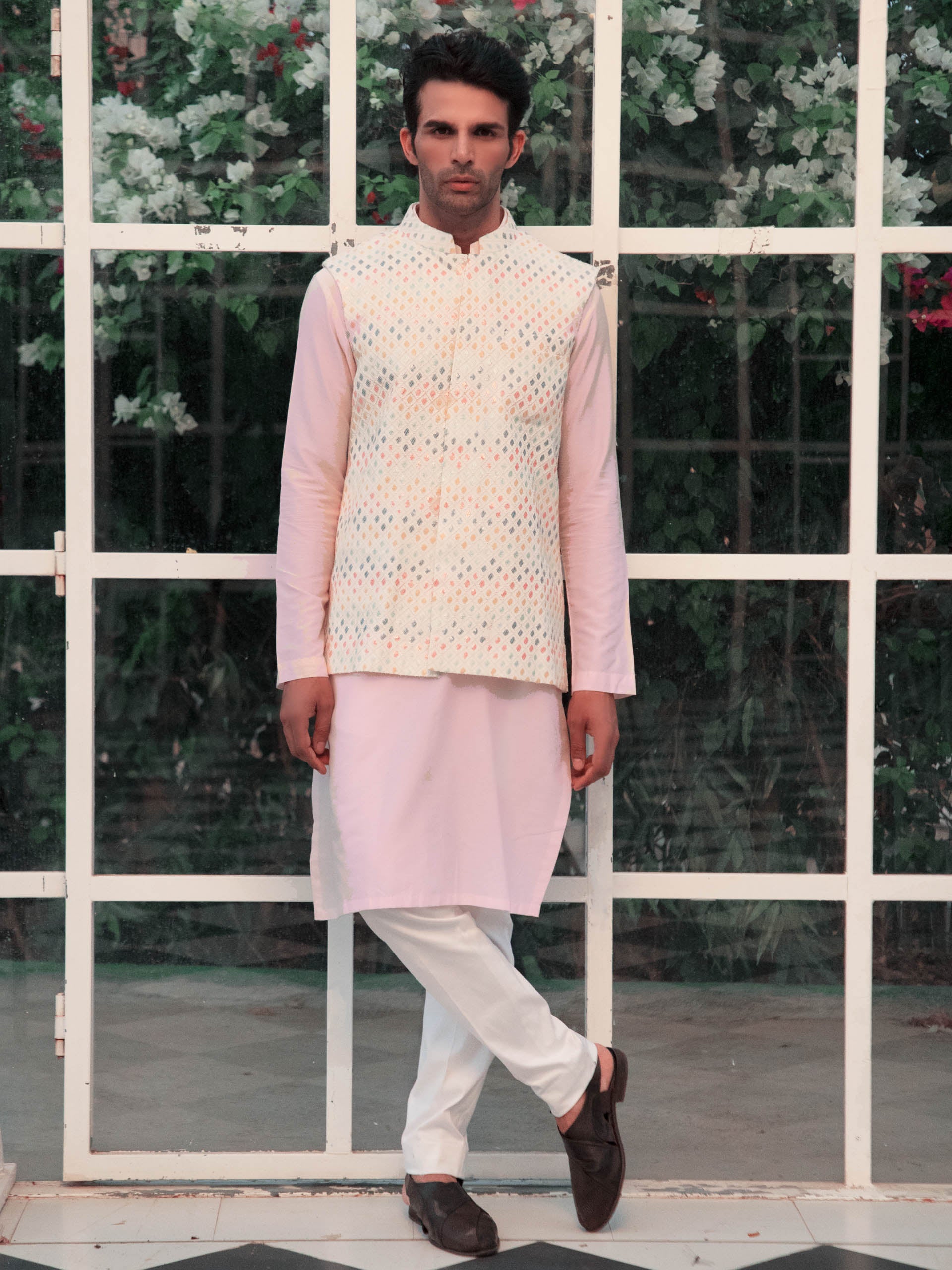 Baby Pink Kurta Set With Multi Sequins Bundi - M image
