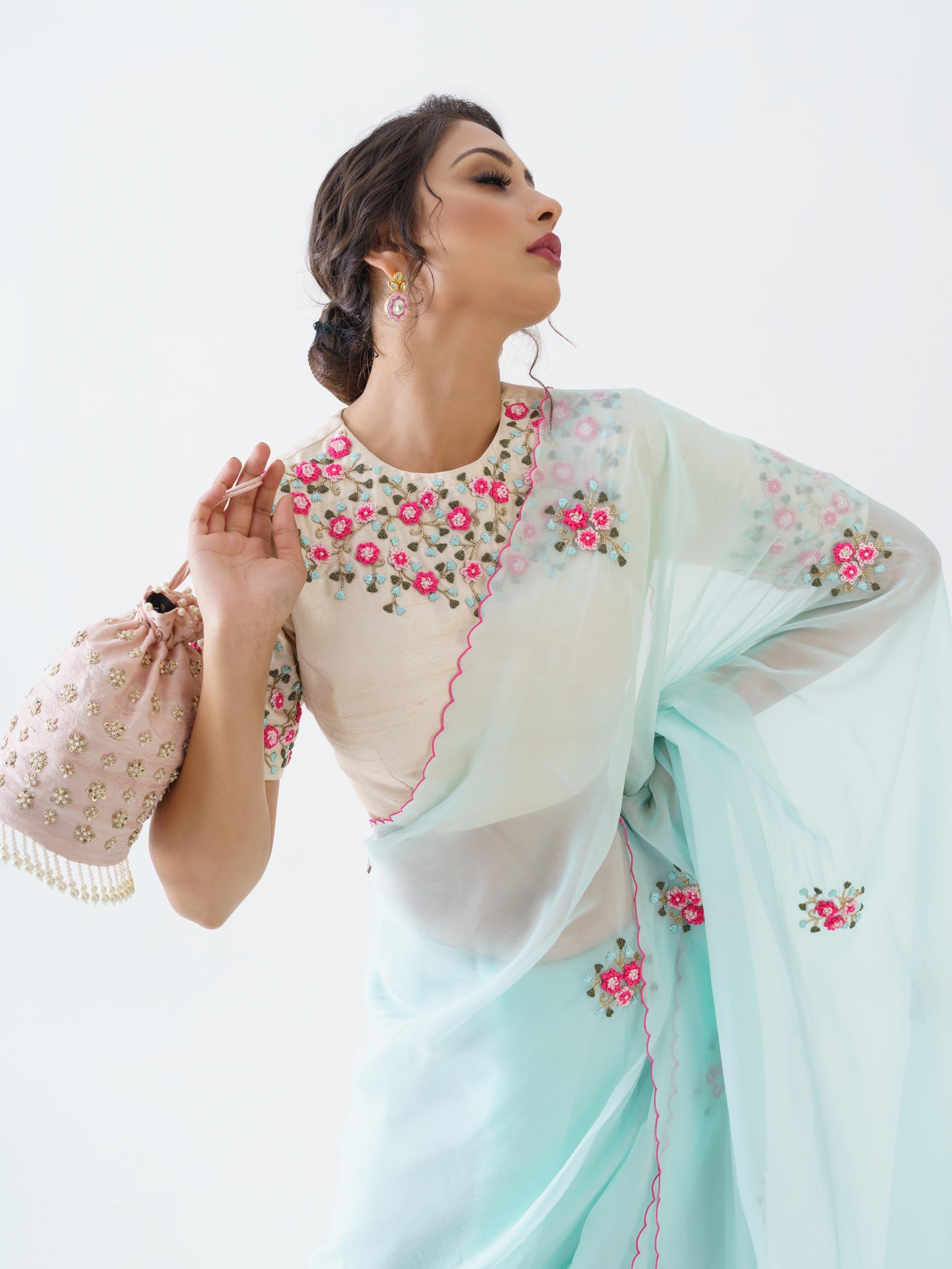 Light Blue Floral Saree Set image 2