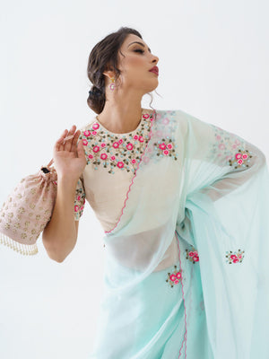 Light Blue Floral Saree Set image 2
