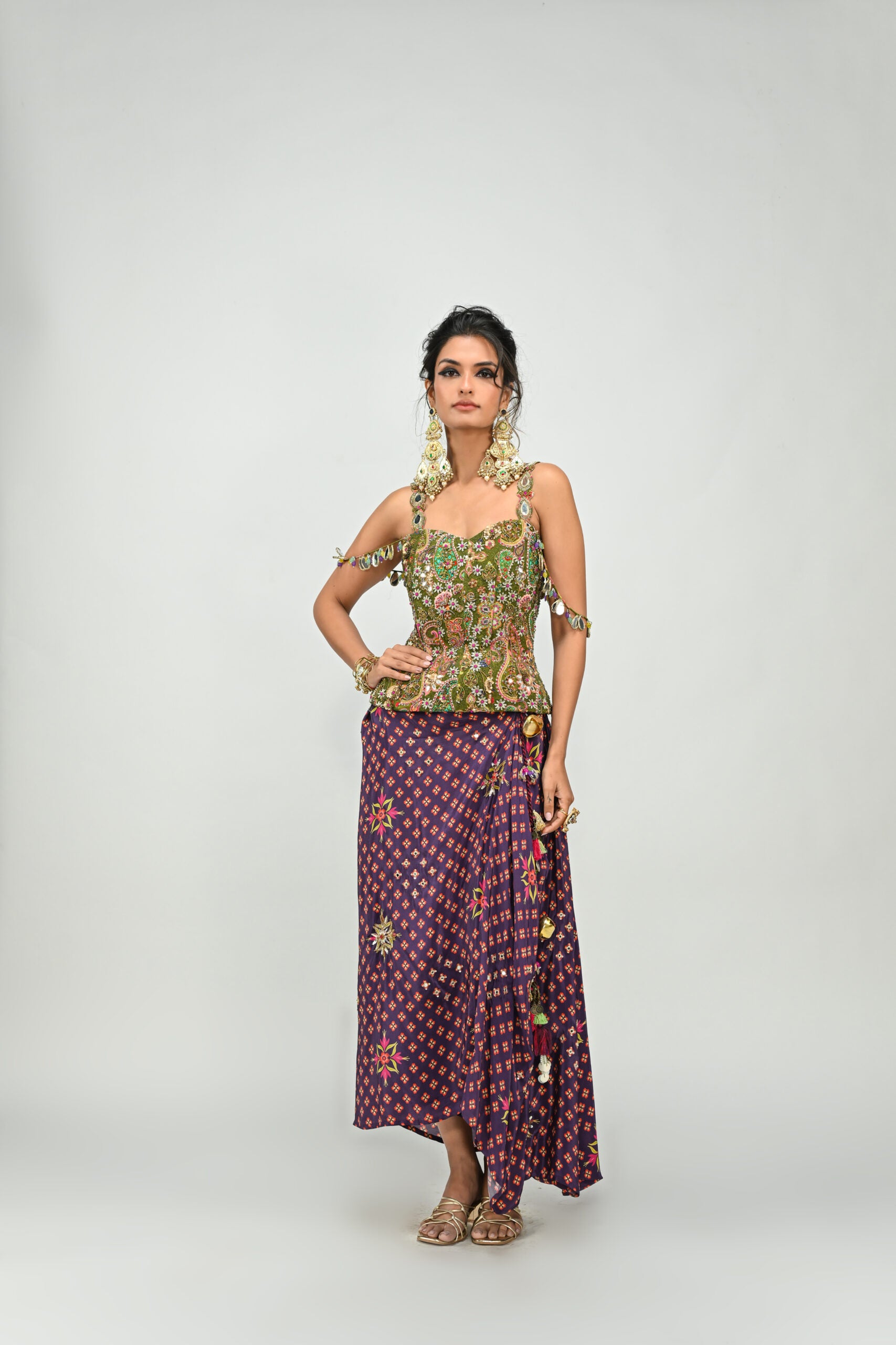 Olive Badla Embroidered Corset Paired With Embroidered Plum Dhoti Set image 0