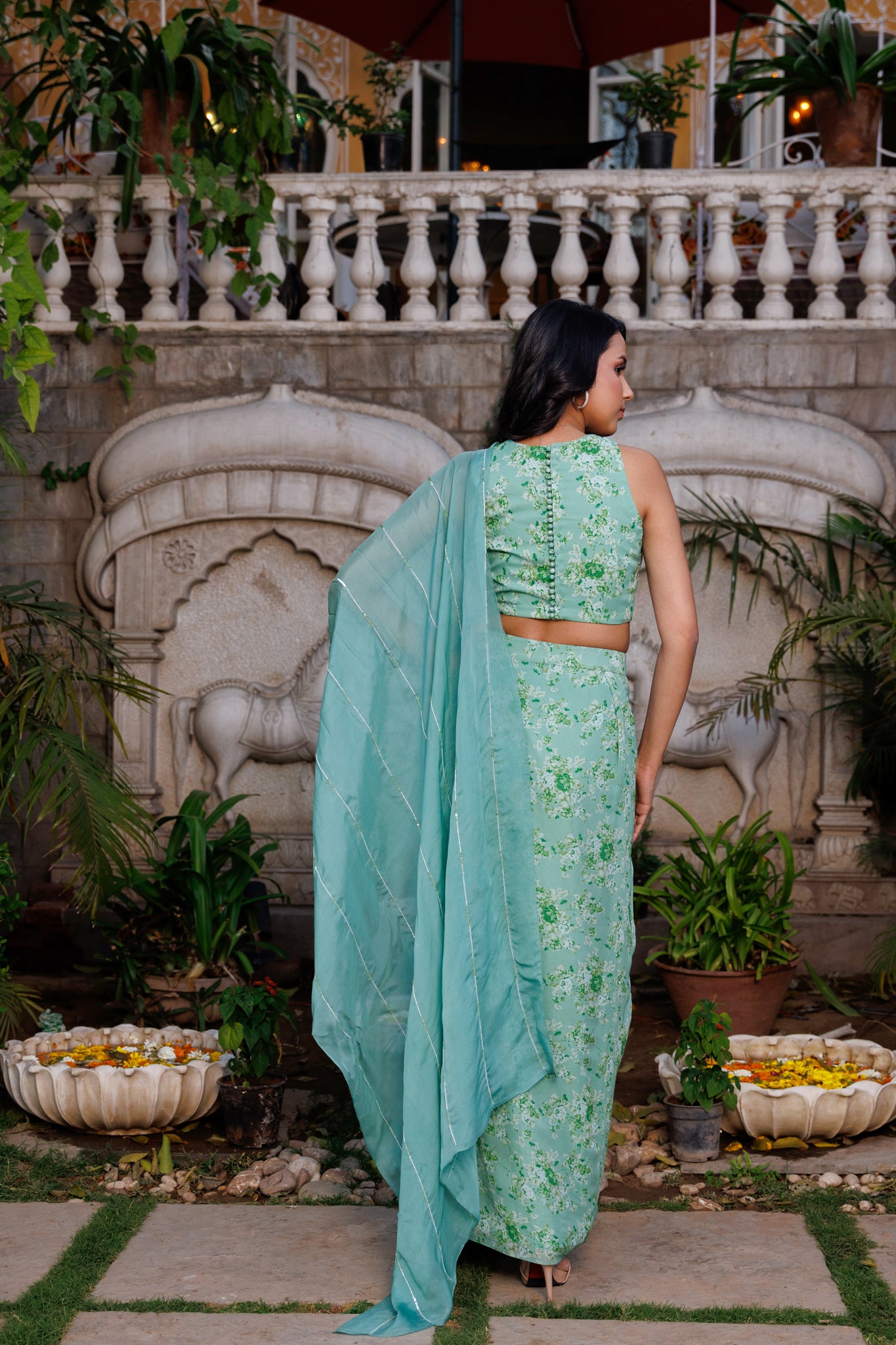 Green Organza Embroidered Draped Skirt Saree Set image 7