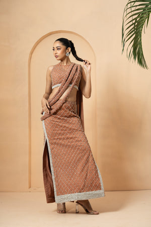 Beige Twisted Drape Crystal Embellished Saree - L image