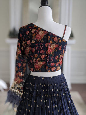 Navy Blue Lehenga with One Shoulder Blouse image 4