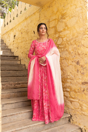 Fuchsia Pink Embroidered Yoke Anarkali Set image 4