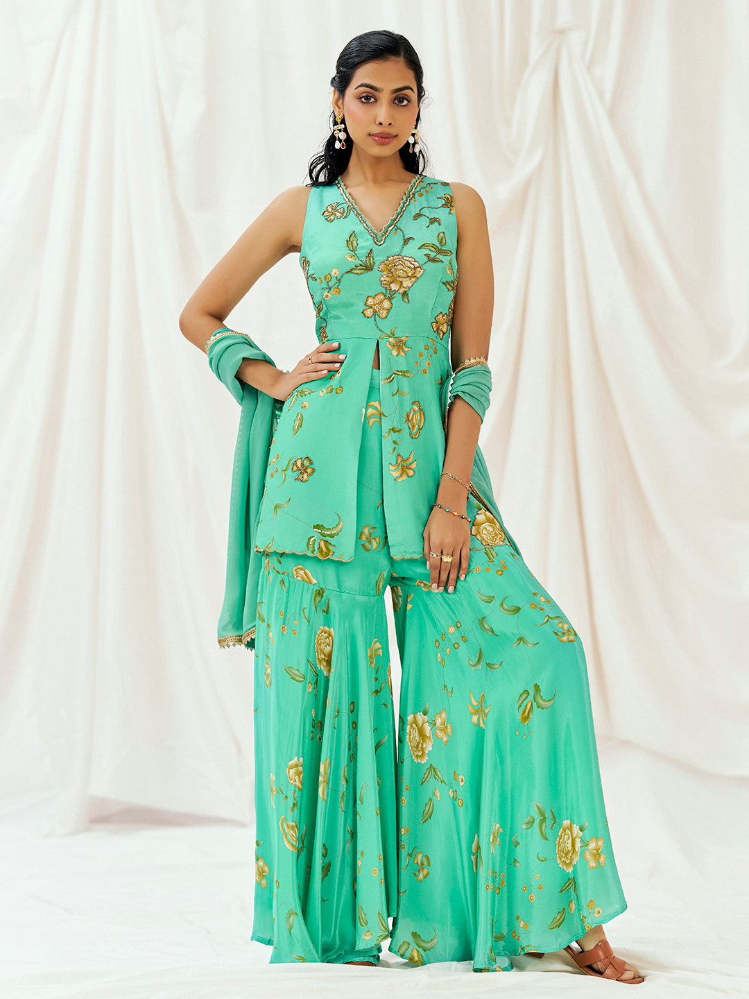 Turquoise Blue Printed Embroidered Sharara Suit Set image 1
