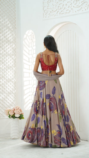 Mauve hand painted lehenga and embroidered Red blouse set image 2