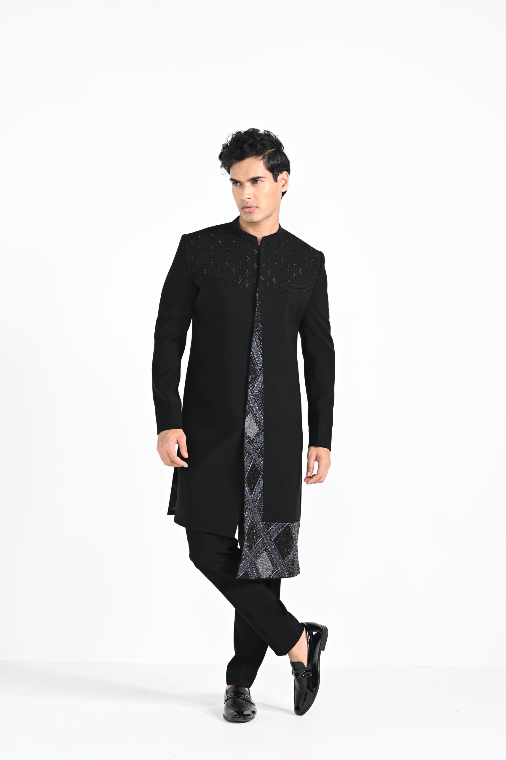 Black Panelled Achkan Set - L image