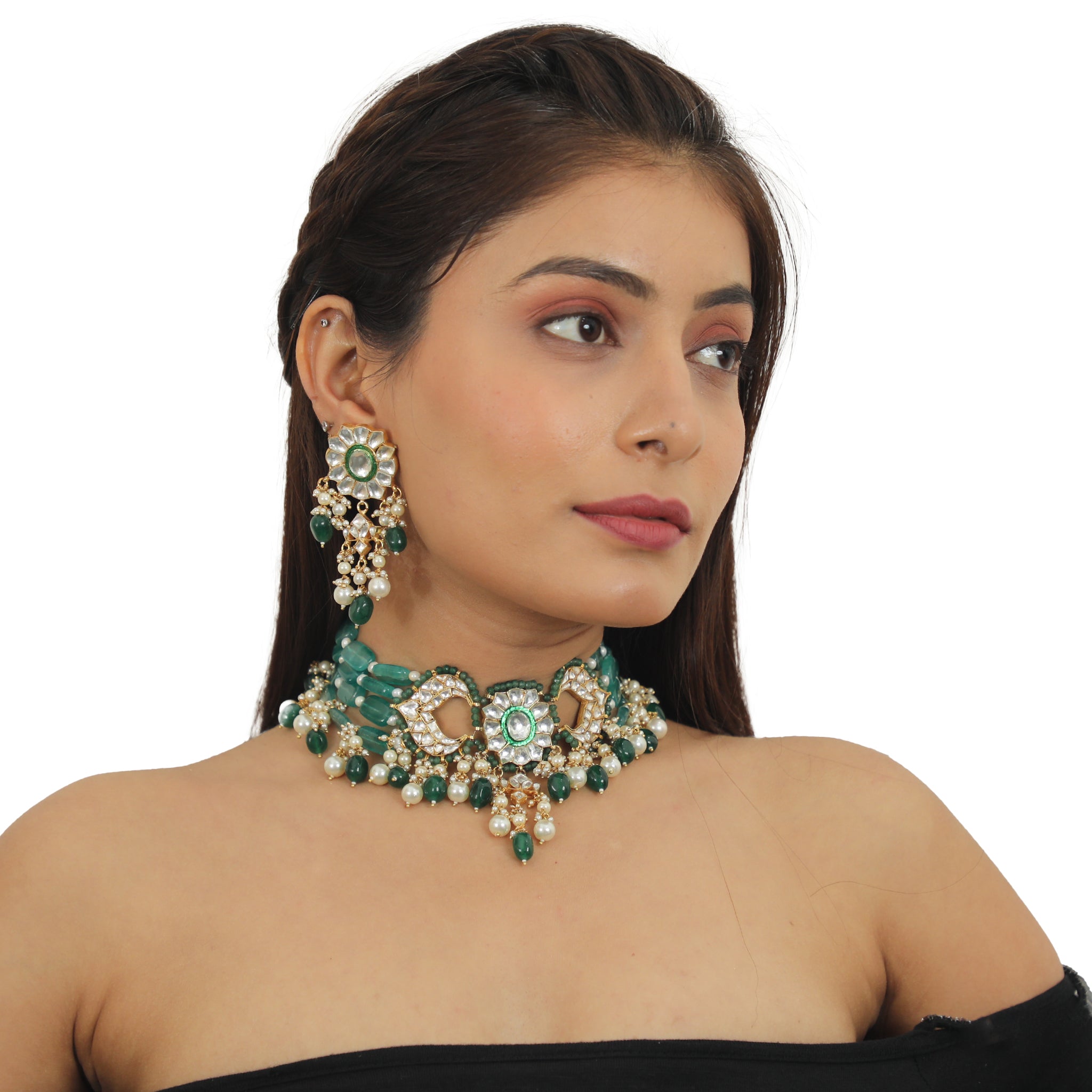 22KT Gold Plated Green Choker Necklace Set image 4