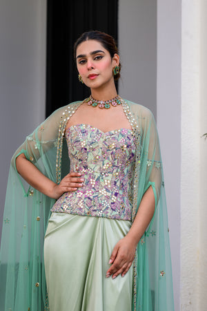 Eden Textudawn Corset With Mirror Work Paidawn With Dhoti Skirt And Cape Set - Custom image