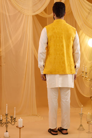 Yellow Embroidered Jacket Kurta Set image 2