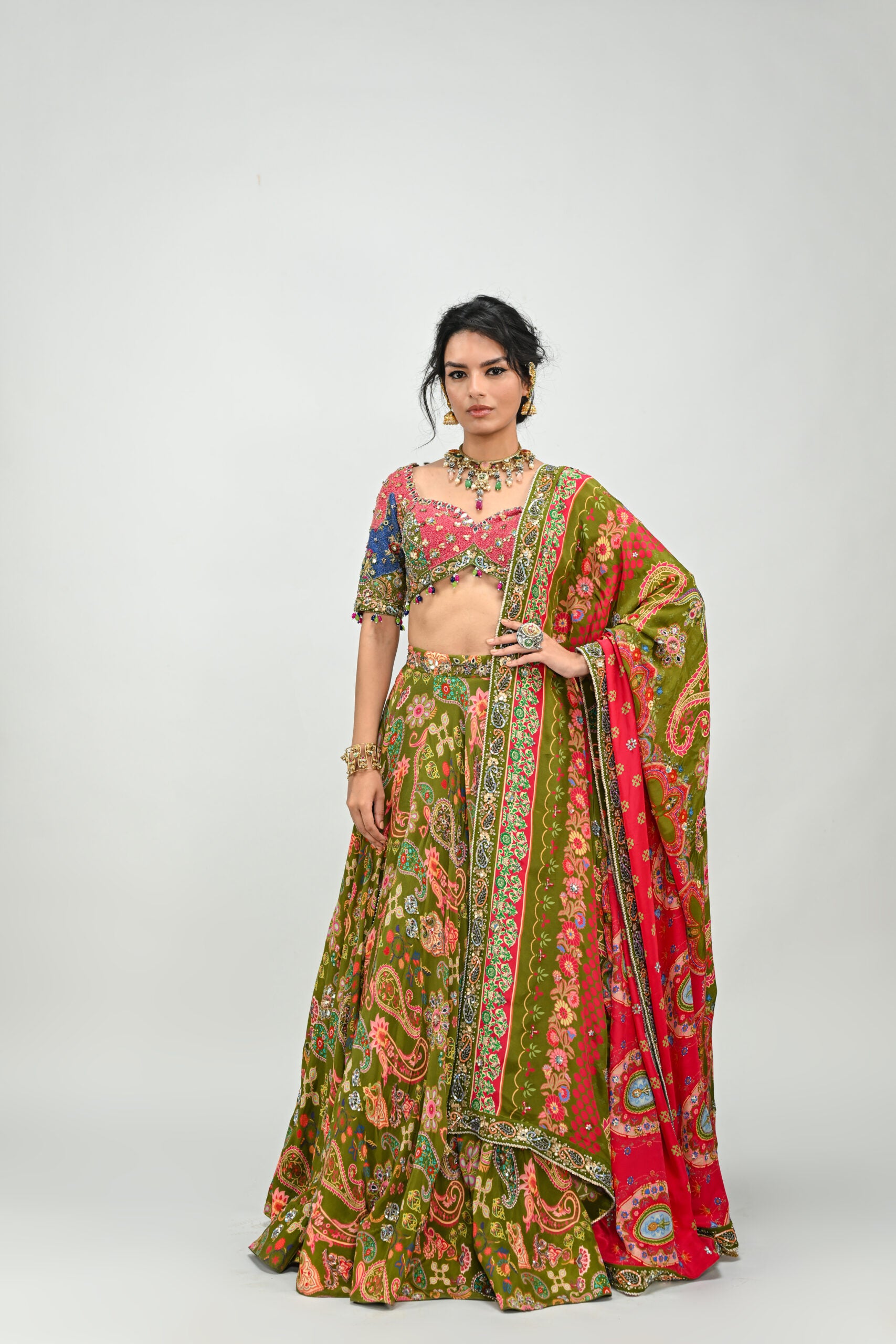 Olive Highlighted Lehenga Paired With Patch Embroidered Badla  Blouse and  Dual Print Highlighted Dupatta - S image