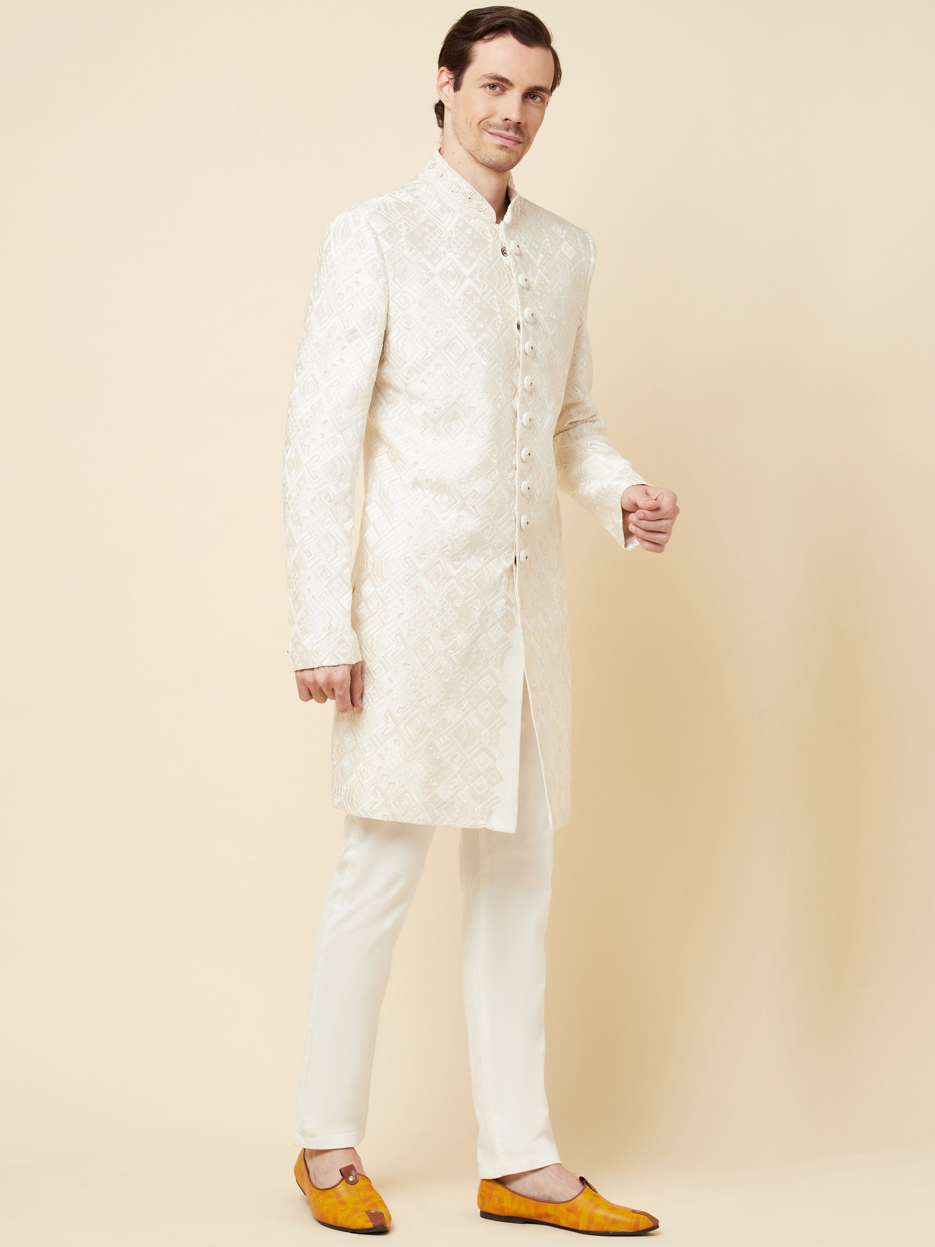Classic White Embroidered Sherwani Set image 5