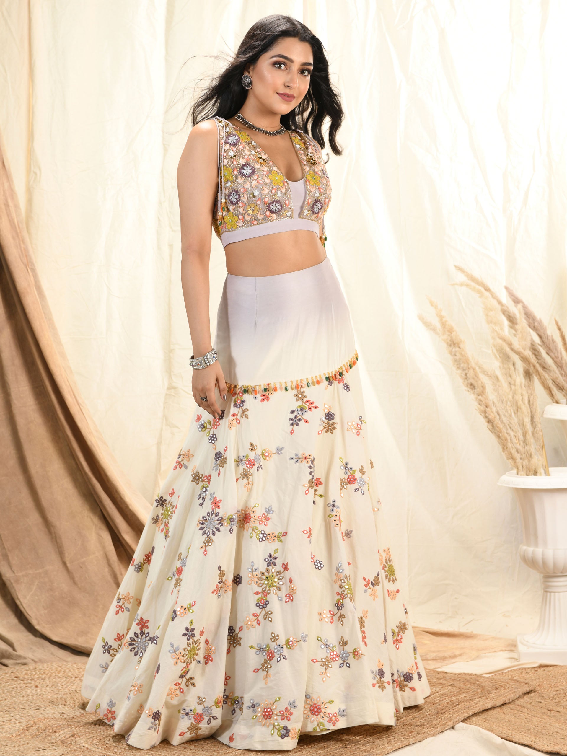 Lavender Grey Floral Mirror Lehenga Set image 0