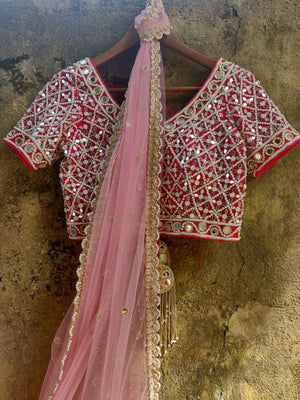 Blush Net Saree with Red Mirror Blouse image 1