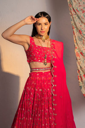 Hot Pink Printed And Embroidered Lehenga Set image 4