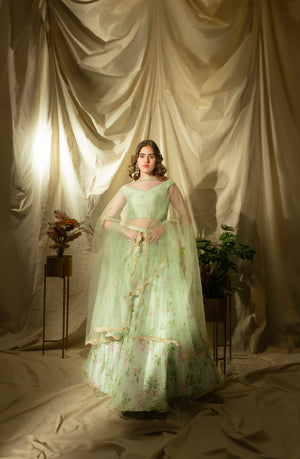 Sky Blue Floral Organza Lehenga Set - M image