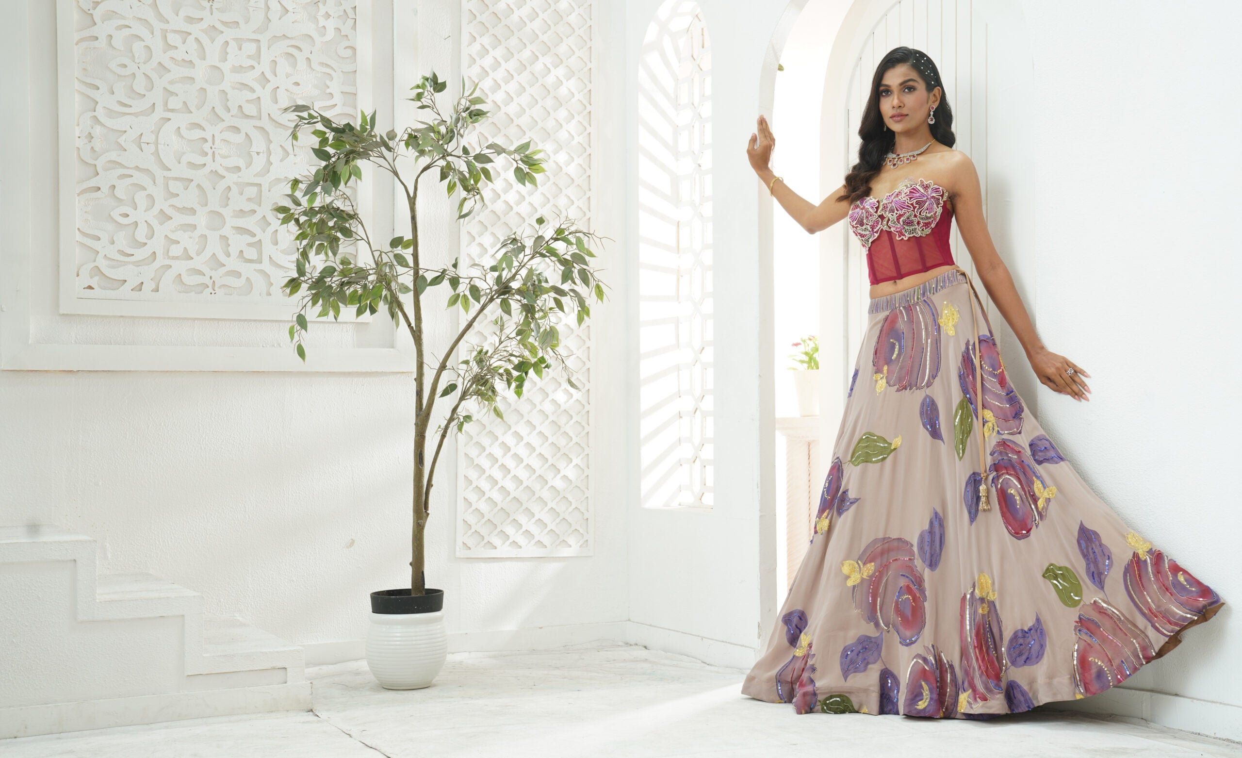Mauve hand painted lehenga and floral corset set image 1