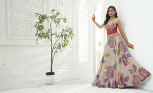 Mauve hand painted lehenga and floral corset set image 1