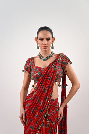 S PRE STITCHED SAREE PAIRED WITH EMBROIDERED BLOUSE image 3