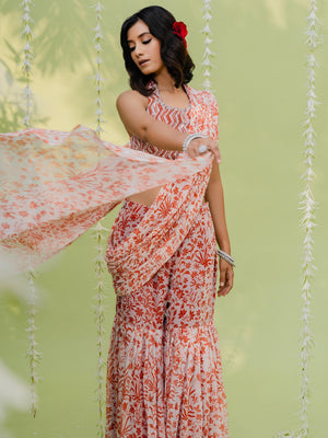 Red Orange Sharara Saree Set image 2