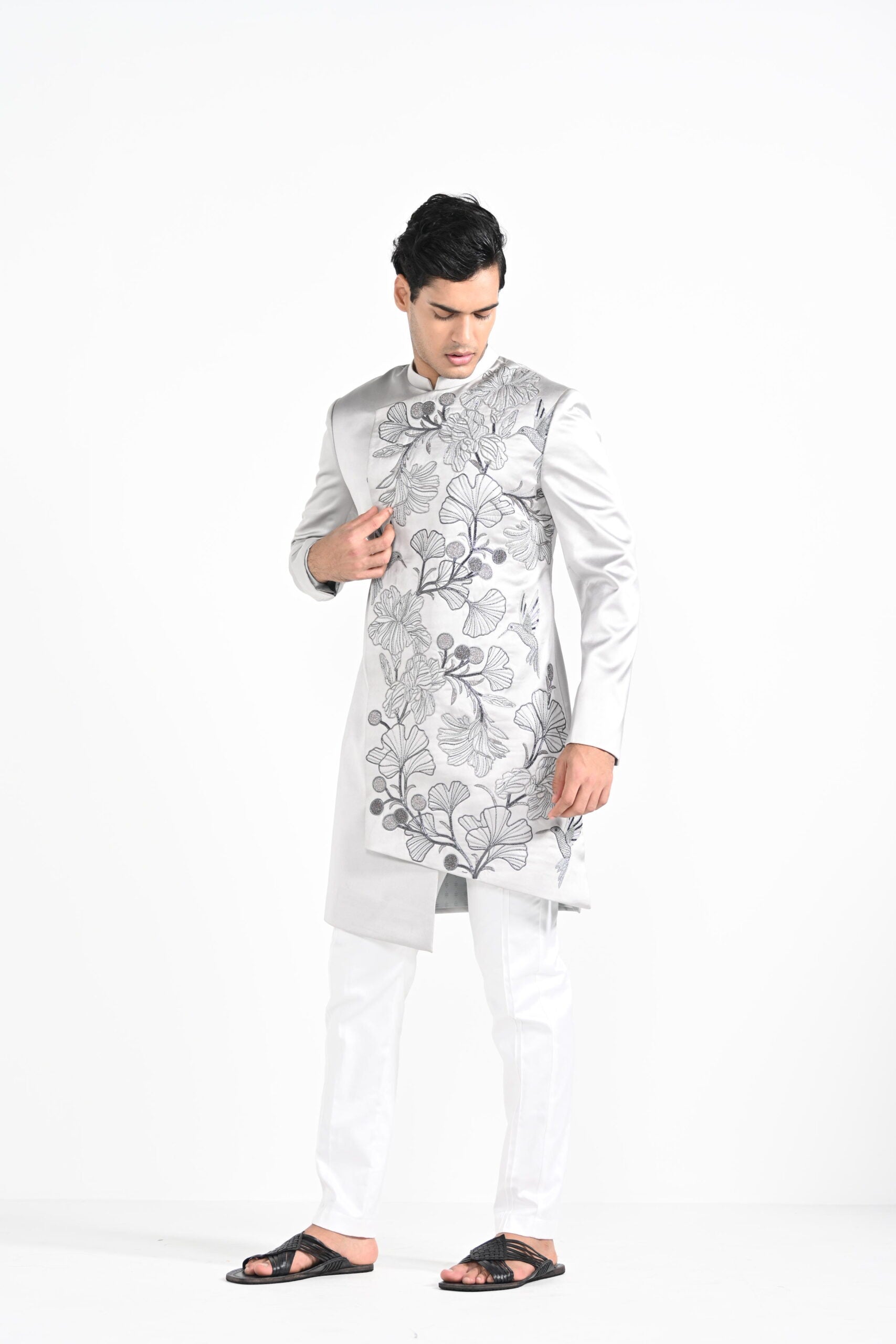 Barely Grey Satin Achkan Set image 10