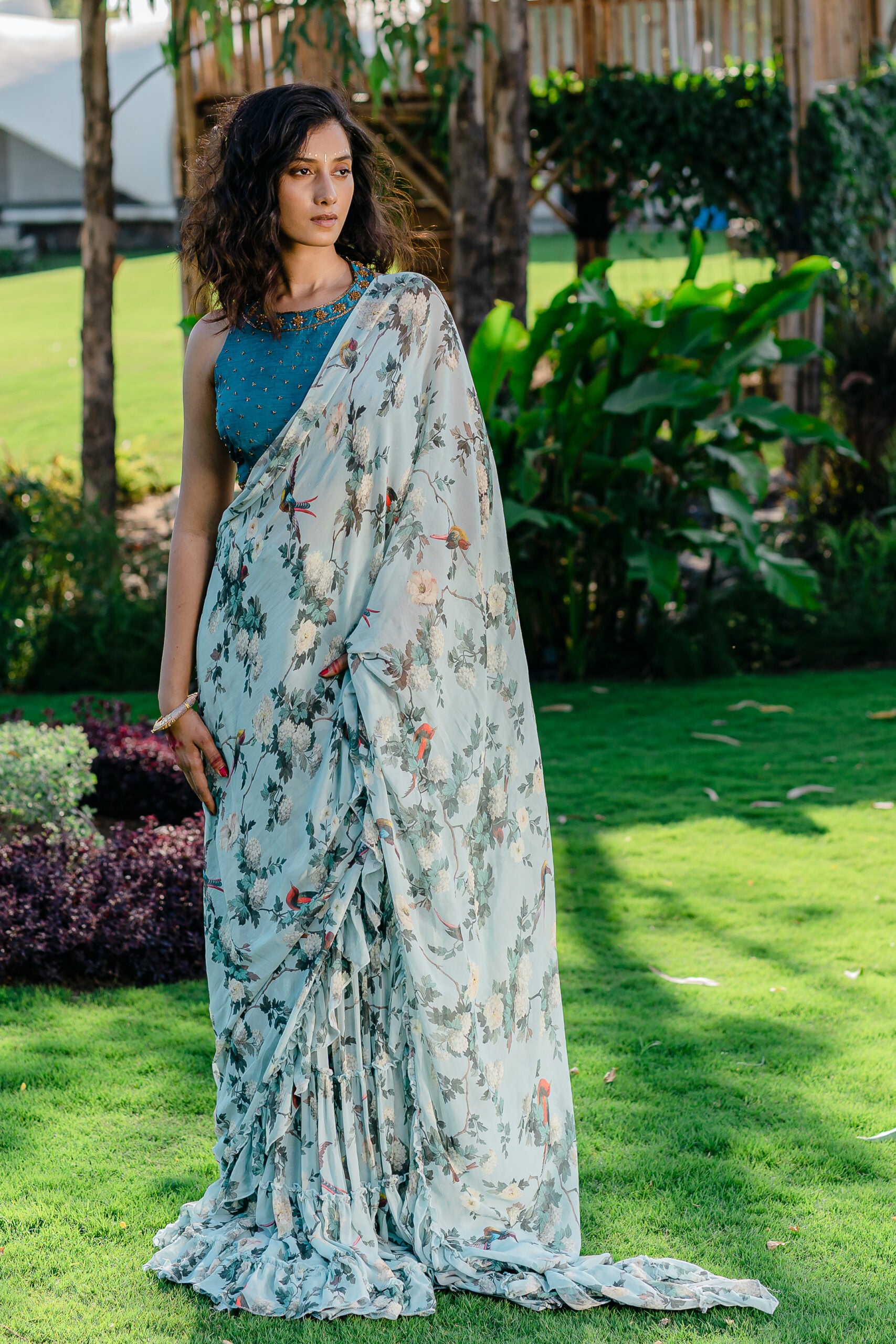 Powder Blue Printed &amp; Embroidered Drape Saree Set image 2