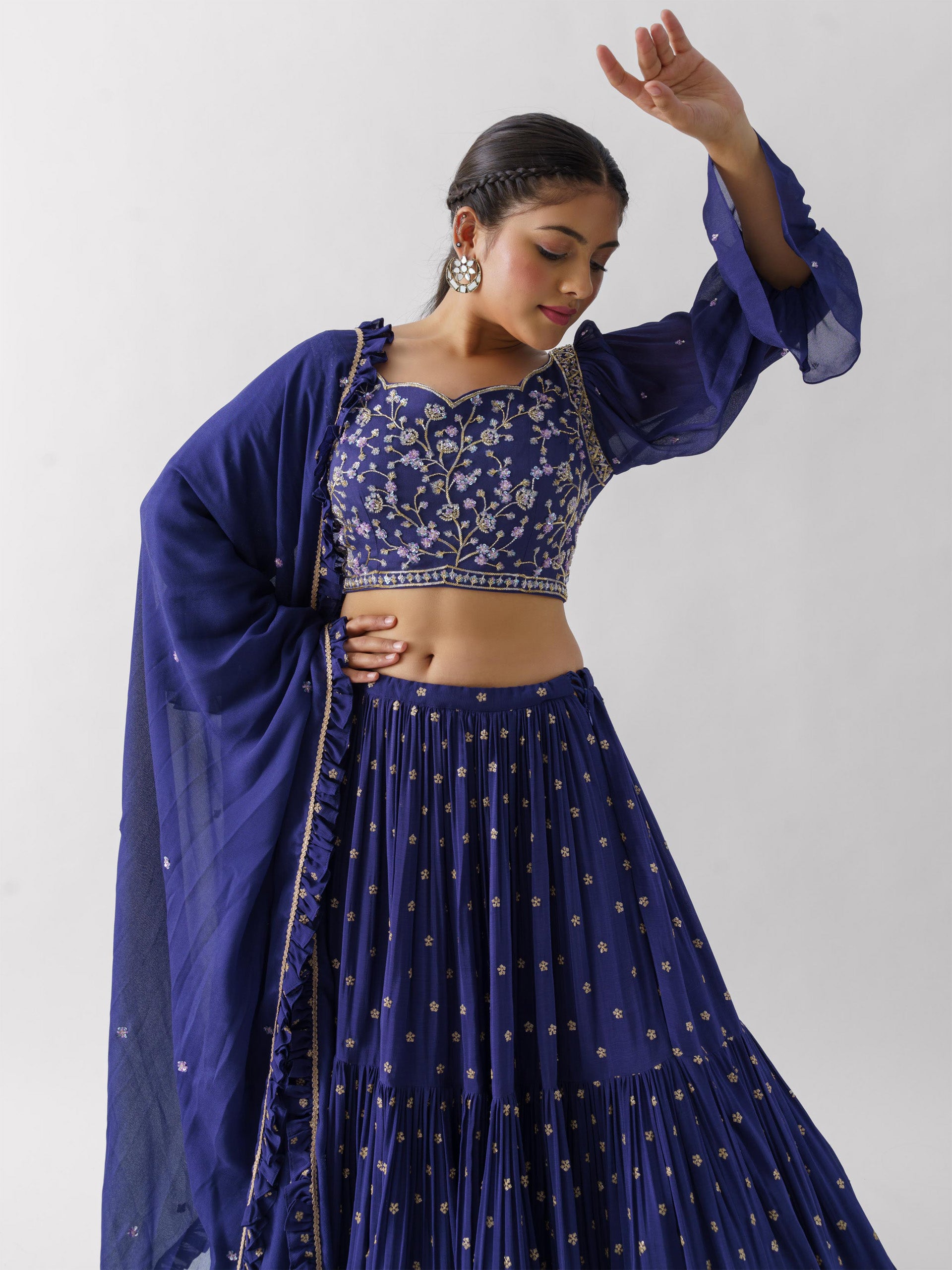Purple Three Layered Lehenga Paired With Blouse And Dupatta image 4