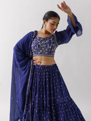 Purple Three Layered Lehenga Paired With Blouse And Dupatta image 4
