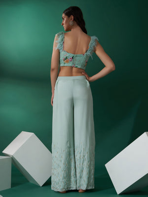 Sea Green Feather Flared Pant Set image 2