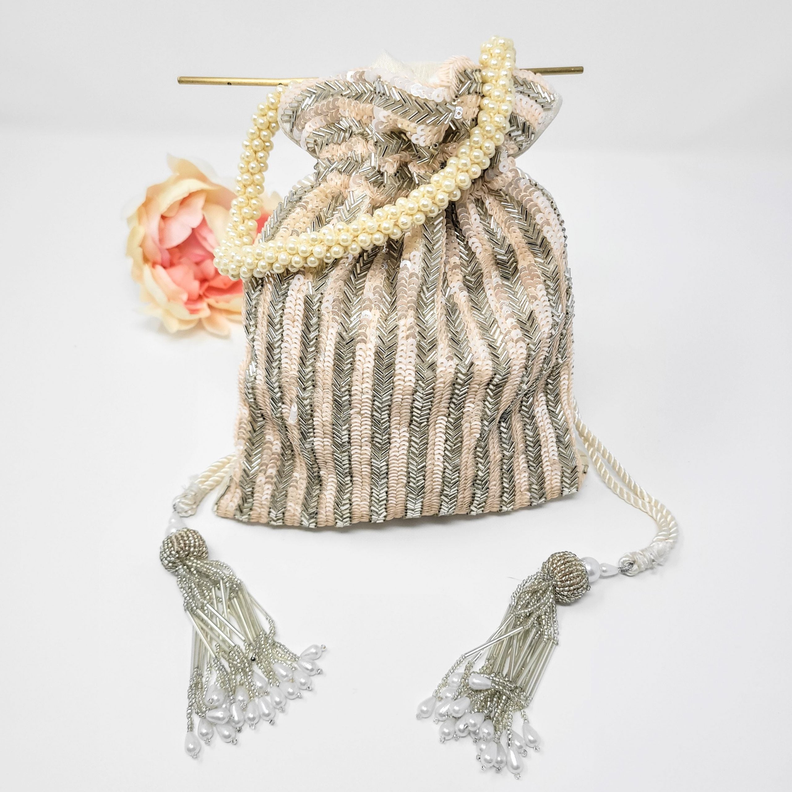 White Sequins and Beads Potli Bag image 0