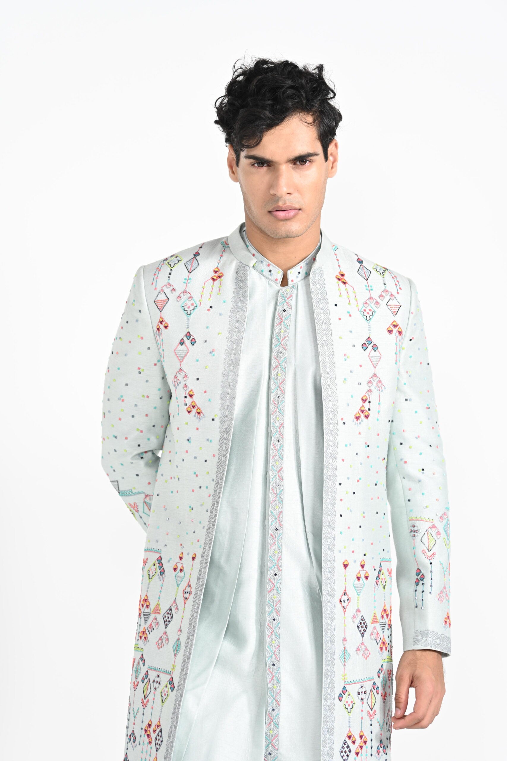 Ice Blue Multicoloured Geometric Motif Achkan Set image 4
