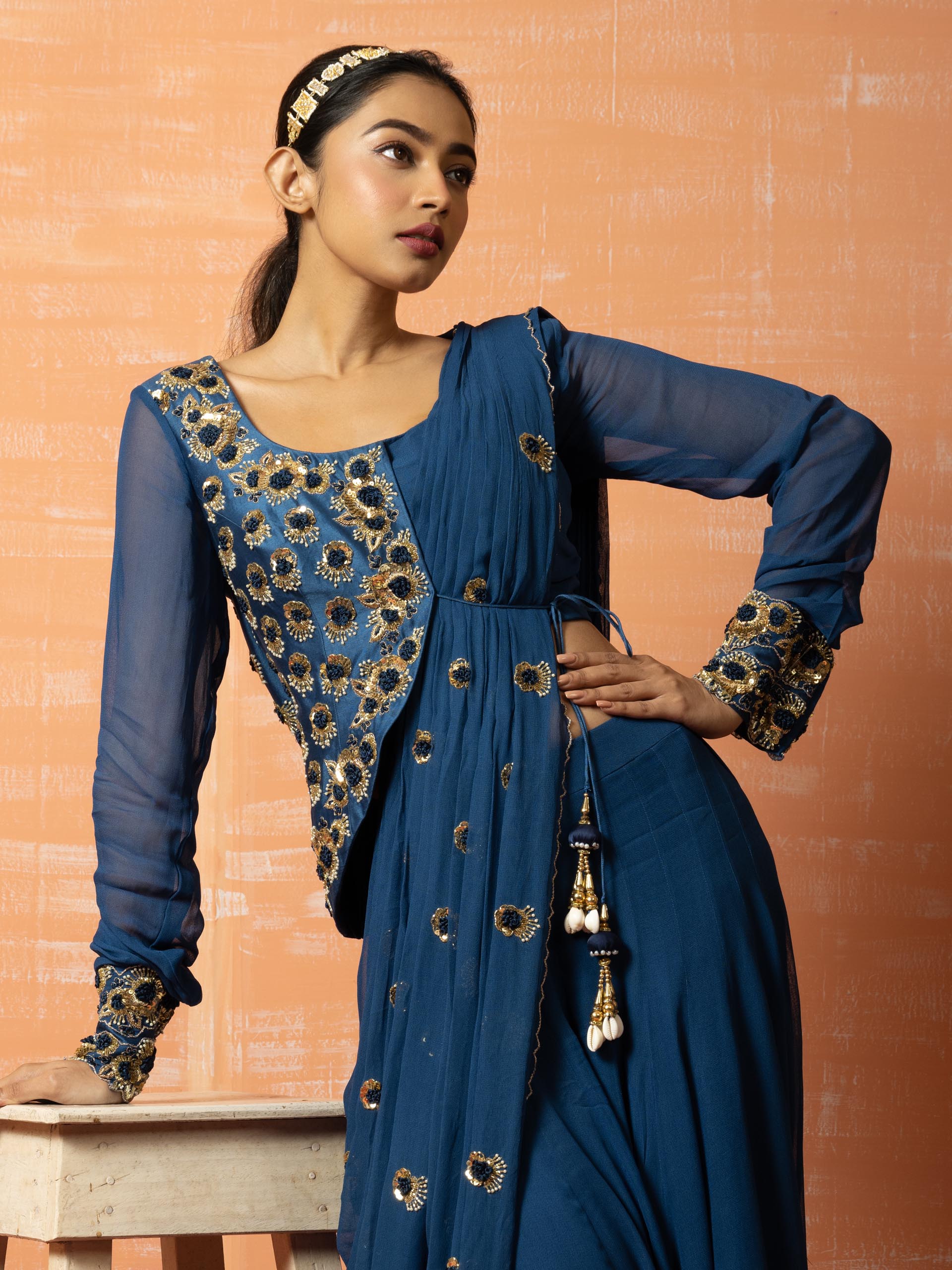 Peacock Blue Sharara Saree Set image 1