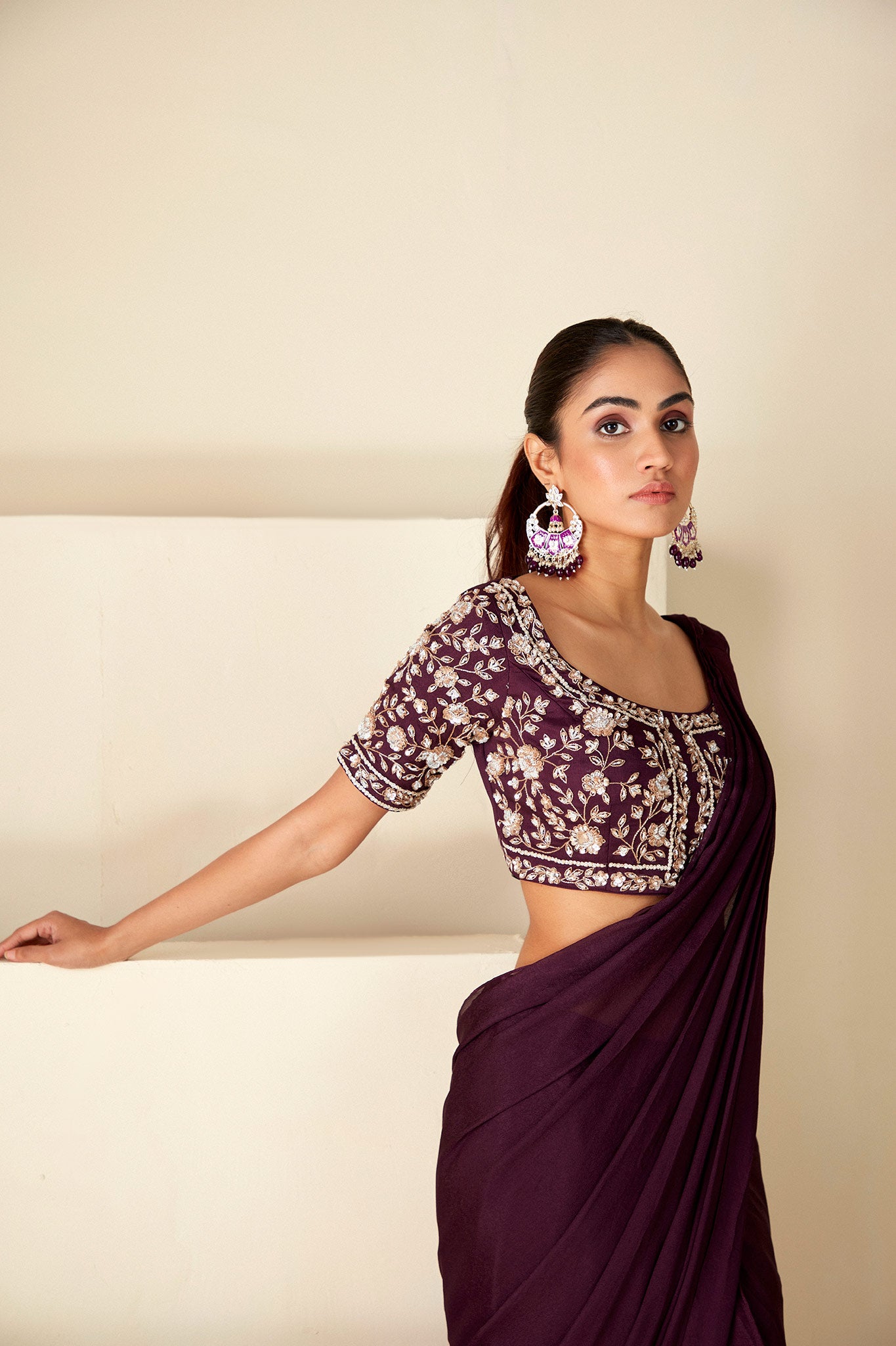Wine Georgette Pre-Drape Saree image 2