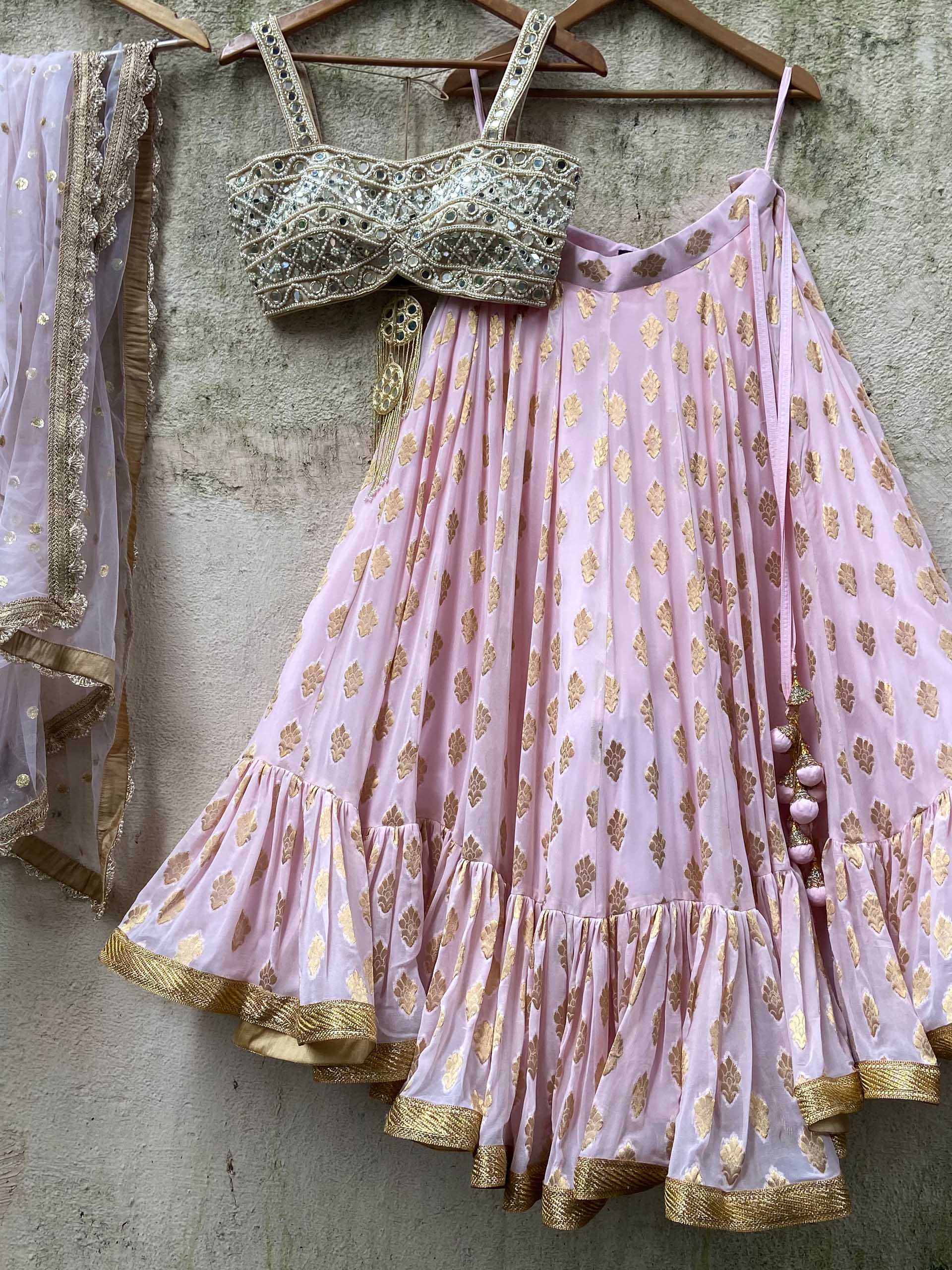 Powder Pink Butti Mirror Lehenga Set image 0